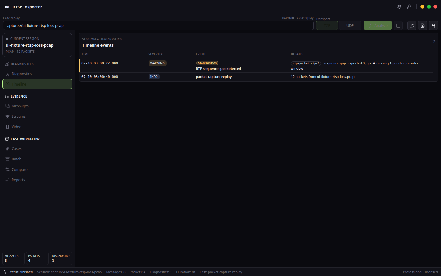 Evidence timeline — RTSP Inspector